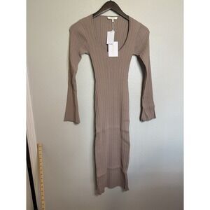 WAYF ALEXI Long Sleeve Ribbed Belt Midi Beige Dress Women's Size Small Bodycon